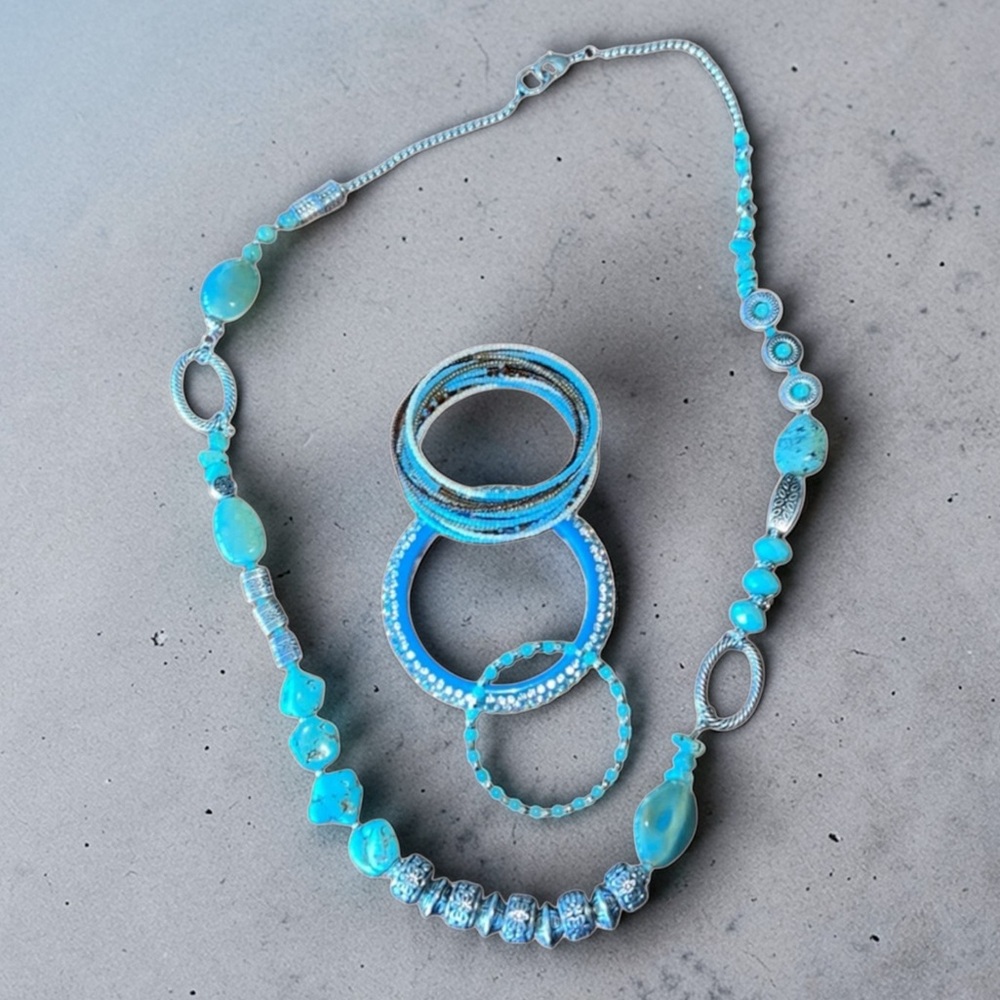Faux Turquoise Jewelry Set Necklace & Bracelet Stack Boho Southwestern Statement